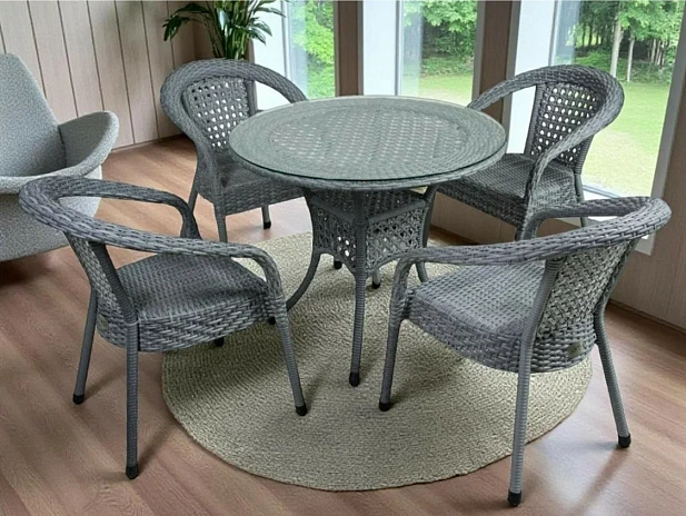 Deco / Деко: Комплект из ротанга  4 кресла и круглый стол (серый)